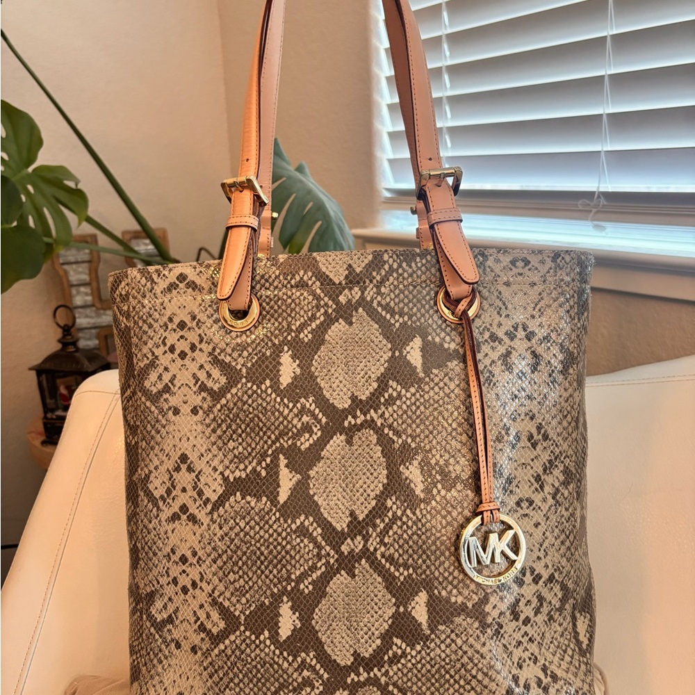 Michael Kors Mk Python Embossed Large Beige Tote … - image 2